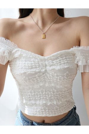 Sweet Lace Waist-Defining Flutter Sleeve Camisole Top - French Fairy Style, Slimming Design, Perfect for 90s and Y2K Fashion Lovers
