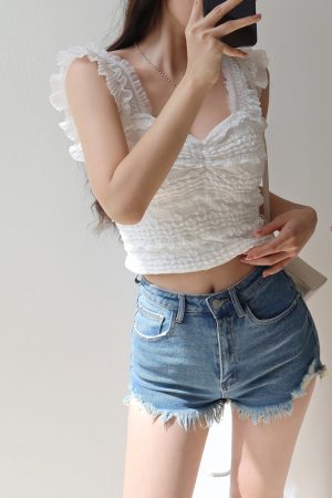 Sweet Lace Waist-Defining Flutter Sleeve Camisole Top - French Fairy Style, Slimming Design, Perfect for 90s and Y2K Fashion Lovers