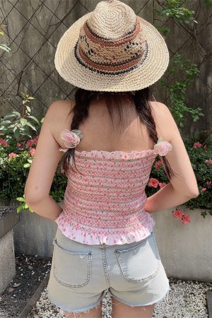 Sweet Pink Floral One-Shoulder Gathered Strapless Top - Handmade High-Elastic Vacation Style for Women