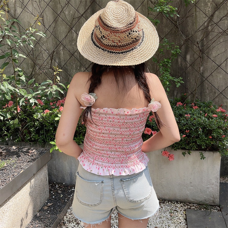 Sweet Pink Floral One-Shoulder Gathered Strapless Top - Handmade High-Elastic Vacation Style for Women Sweet Pink Floral One-Shoulder Gathered Strapless Top - Handmade High-Elastic Vacation Style for Women