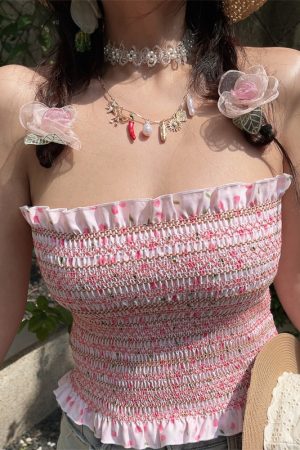 Sweet Pink Floral One-Shoulder Gathered Strapless Top - Handmade High-Elastic Vacation Style for Women