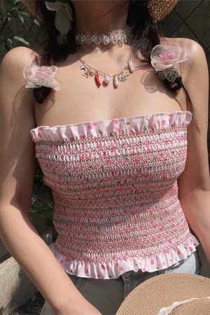 Sweet Pink Floral One-Shoulder Gathered Strapless Top - Handmade High-Elastic Vacation Style for Women