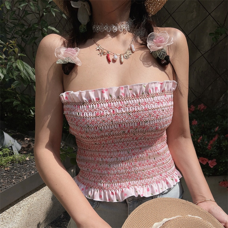 Sweet Pink Floral One-Shoulder Gathered Strapless Top - Handmade High-Elastic Vacation Style for Women Sweet Pink Floral One-Shoulder Gathered Strapless Top - Handmade High-Elastic Vacation Style for Women