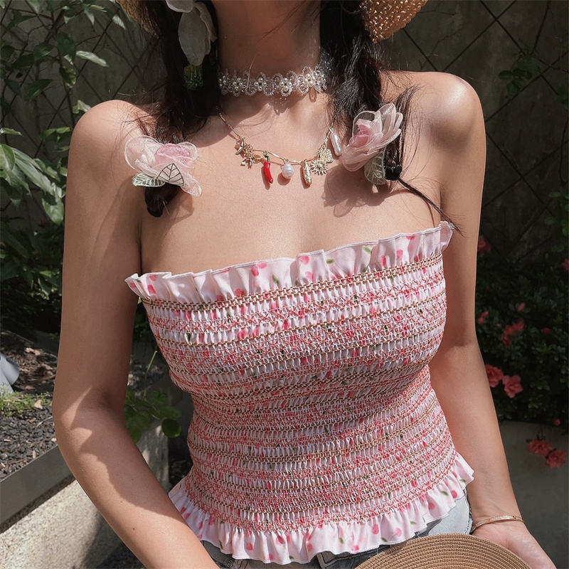 Sweet Pink Floral One-Shoulder Gathered Strapless Top - Handmade High-Elastic Vacation Style for Women Sweet Pink Floral One-Shoulder Gathered Strapless Top - Handmade High-Elastic Vacation Style for Women