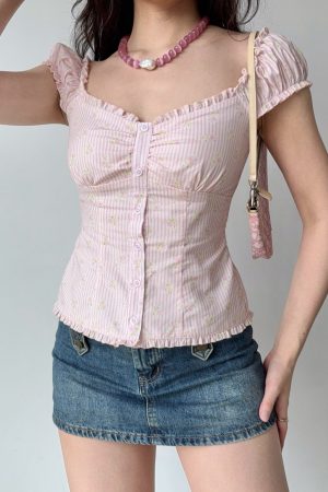 Sweet Pink Striped Square Neck Puff Sleeve Top - Women's Floral Short Sleeve Blouse - Y2K Inspired Fashion