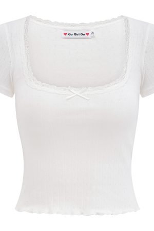 Sweet Ribbed Jacquard Short T-Shirt for Women - Summer Lace Trim Round Neck, Short Sleeves, European & American Style, 90s Inspired