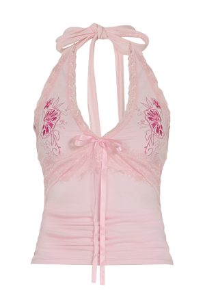 Sweetheart Embroidered Halter Pink Camisole - Backless Ruffled Tank Top for Women, Perfect for Music Festivals and Y2K Style