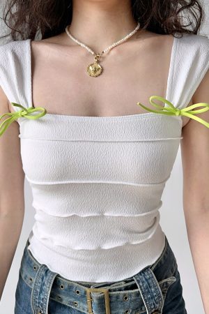 Textured Bow Tie Vest Tank Top for Women - Summer One-Shoulder Backless Style, European American Fashion, Trendy Unique Design