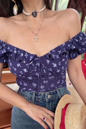Thai-Style Handmade Spring/Summer 2025 French Ruffled Puff Sleeve Tie Short-Sleeve Shirt for Vacation