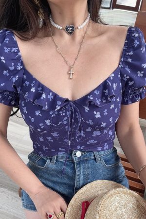 Thai-Style Handmade Spring/Summer 2025 French Ruffled Puff Sleeve Tie Short-Sleeve Shirt for Vacation