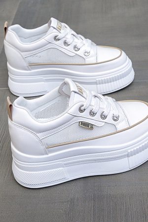 Thick-Soled White Sneakers for Women - 2023 Versatile Platform Shoes, Breathable Mesh Casual Sneakers