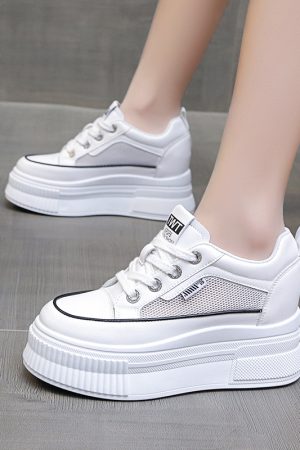 Thick-Soled White Sneakers for Women - 2023 Versatile Platform Shoes, Breathable Mesh Casual Sneakers