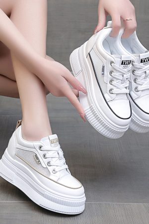 Thick-Soled White Sneakers for Women - 2023 Versatile Platform Shoes, Breathable Mesh Casual Sneakers