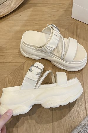 Thick-Soled White Toe-Post Sandals for Women - 2025 Summer Fairy Style Height-Increasing Beach Slippers, Size 34