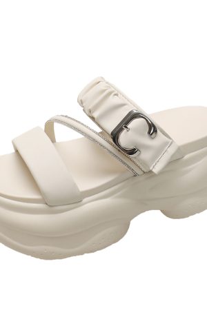 Thick-Soled White Toe-Post Sandals for Women - 2025 Summer Fairy Style Height-Increasing Beach Slippers, Size 34