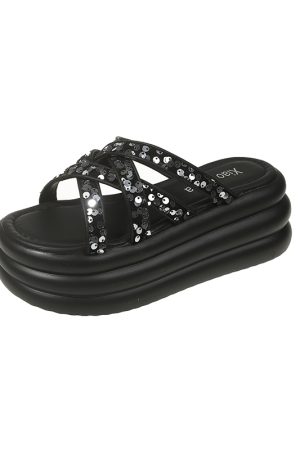 Thick-Soled Women's Rhinestone Slide Sandals - Versatile Outdoor Footwear for Summer 2025 with Comfort Fit