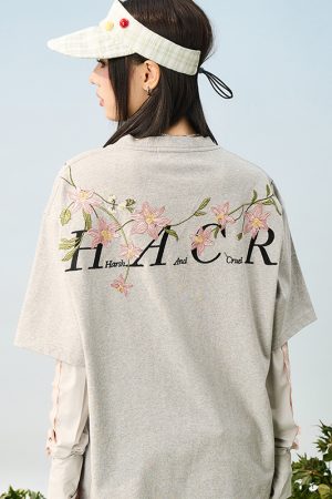 Thousand Needle Embroidery Monet Garden Series Versatile Loose Trendy Short Sleeve T-Shirt - Floral Print, Casual Style, Y2K Fashion