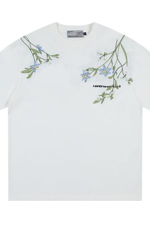 Thousand Needle Embroidery Monet Garden Series Versatile Loose Trendy Short Sleeve T-Shirt - Floral Print, Casual Style, Y2K Fashion