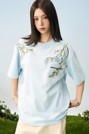 Thousand Needle Embroidery Monet Garden Series Versatile Loose Trendy Short Sleeve T-Shirt - Floral Print, Casual Style, Y2K Fashion