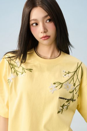 Thousand Needle Embroidery Monet Garden Series Versatile Loose Trendy Short Sleeve T-Shirt - Floral Print, Casual Style, Y2K Fashion