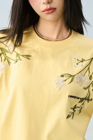 Thousand Needle Embroidery Monet Garden Series Versatile Loose Trendy Short Sleeve T-Shirt - Floral Print, Casual Style, Y2K Fashion