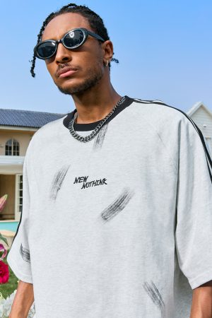 Three Stripes Letter Sports Leisure Short Sleeve T-Shirt - Vintage Loose Fit Unisex Style, 2025 Trendy Look