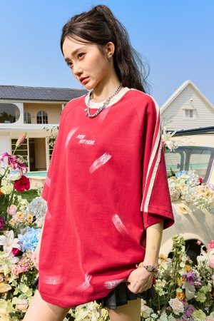 Three Stripes Letter Sports Leisure Short Sleeve T-Shirt - Vintage Loose Fit Unisex Style, 2025 Trendy Look