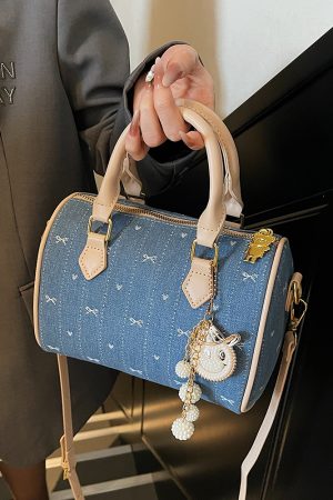 Trendy 2025 Summer Boston Bag - Casual Shoulder Bag with Bow Print, Small Design, Perfect for Y2K and Korean Style Fashion