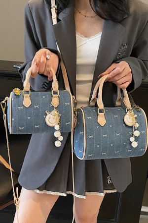 Trendy 2025 Summer Boston Bag - Casual Shoulder Bag with Bow Print, Small Design, Perfect for Y2K and Korean Style Fashion