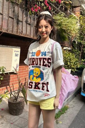 Trendy American Bird Basketball Letter Print Short Sleeve T-Shirt for Couples - Spring Summer Style, Casual Y2K Vibe