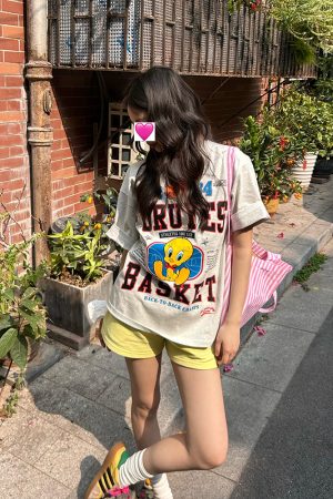 Trendy American Bird Basketball Letter Print Short Sleeve T-Shirt for Couples - Spring Summer Style, Casual Y2K Vibe