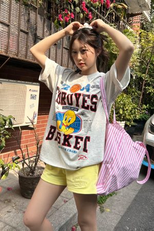 Trendy American Bird Basketball Letter Print Short Sleeve T-Shirt for Couples - Spring Summer Style, Casual Y2K Vibe