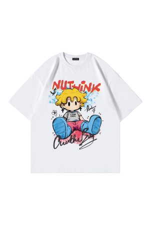 Trendy American Cartoon T-Shirt for Men, Loose Fit Short Sleeve Summer Top, Plus Size Casual Couple Wear