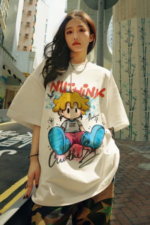 Trendy American Cartoon T-Shirt for Men, Loose Fit Short Sleeve Summer Top, Plus Size Casual Couple Wear