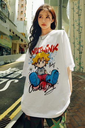 Trendy American Cartoon T-Shirt for Men, Loose Fit Short Sleeve Summer Top, Plus Size Casual Couple Wear