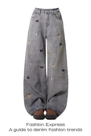 Trendy American Retro High-Waisted Distressed Denim Pants for Women - Fun Dog Embroidery, Slimming Straight-Leg Style