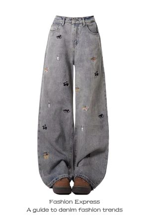 Trendy American Retro High-Waisted Distressed Denim Pants for Women - Fun Dog Embroidery, Slimming Straight-Leg Style