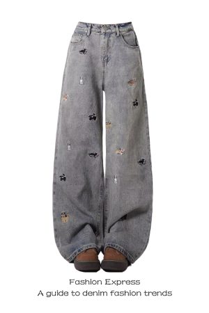 Trendy American Retro High-Waisted Distressed Denim Pants for Women - Fun Dog Embroidery, Slimming Straight-Leg Style