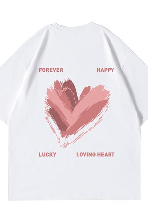 Trendy American Streetwear Heart Short Sleeve T-Shirt for Men, Oversized Loose Fit Couple's Tee, Fashionable Casual Style