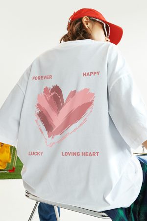 Trendy American Streetwear Heart Short Sleeve T-Shirt for Men, Oversized Loose Fit Couple's Tee, Fashionable Casual Style