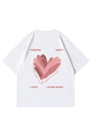 Trendy American Streetwear Heart Short Sleeve T-Shirt for Men, Oversized Loose Fit Couple's Tee, Fashionable Casual Style