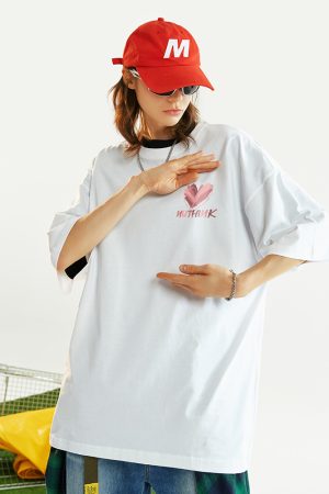 Trendy American Streetwear Heart Short Sleeve T-Shirt for Men, Oversized Loose Fit Couple's Tee, Fashionable Casual Style