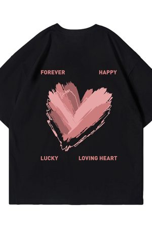 Trendy American Streetwear Heart Short Sleeve T-Shirt for Men, Oversized Loose Fit Couple's Tee, Fashionable Casual Style