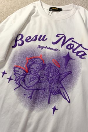 Trendy American Style Heart Graphic Pure Cotton Short-Sleeve T-Shirt for Men and Women Plus Size Loose Fit Round Neck Streetwear