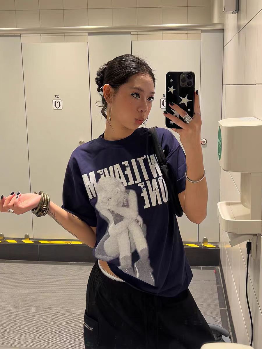 Trendy American-Style Portrait Printed Short-Sleeve T-Shirt for Women - Summer Loose Fit Pure Cotton Slimming Tee Top Trendy American-Style Portrait Printed Short-Sleeve T-Shirt for Women - Summer Loose Fit Pure Cotton Slimming Tee Top