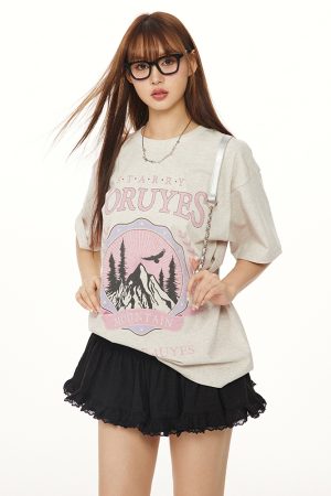 Trendy American Vintage Mountain Wheat Spike Loose T-Shirt for Men and Women - Spring Summer Short Sleeve Round Neck Fashion Top