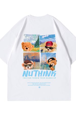 Trendy Cartoon Bear Loose Unisex Short Sleeve T-Shirt for Men and Women - Summer National Style Casual Tee