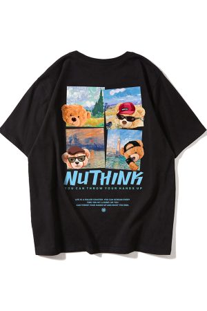 Trendy Cartoon Bear Loose Unisex Short Sleeve T-Shirt for Men and Women - Summer National Style Casual Tee