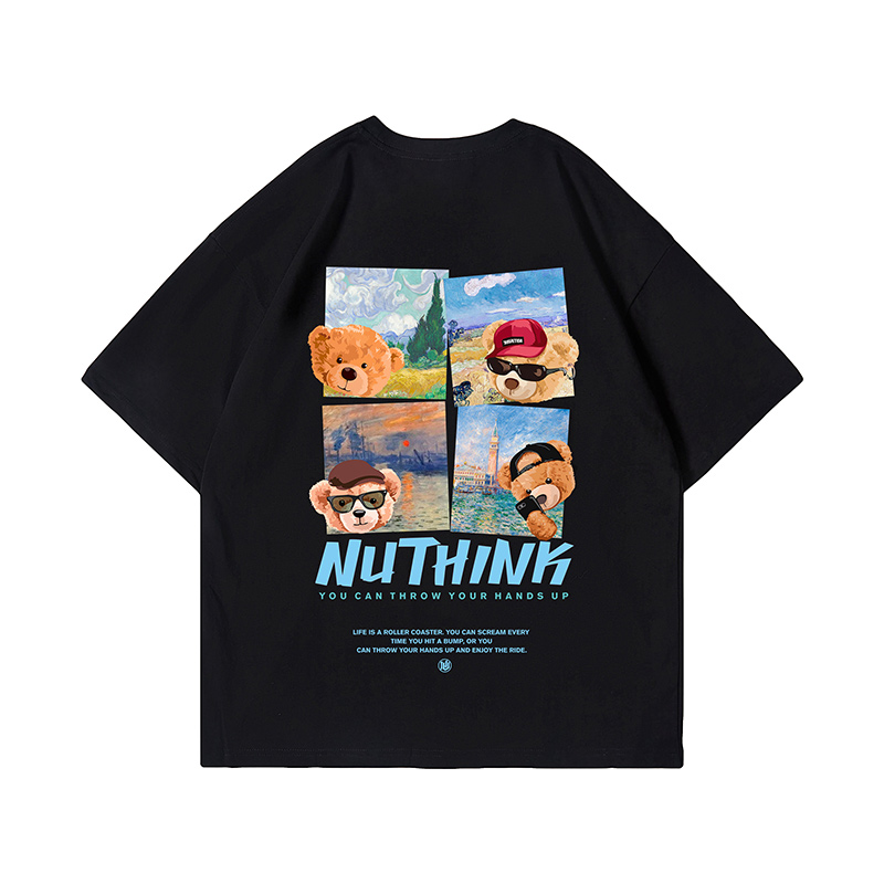 Trendy Cartoon Bear Loose Unisex Short Sleeve T-Shirt for Men and Women - Summer National Style Casual Tee