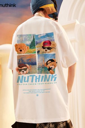 Trendy Cartoon Bear Loose Unisex Short Sleeve T-Shirt for Men and Women - Summer National Style Casual Tee